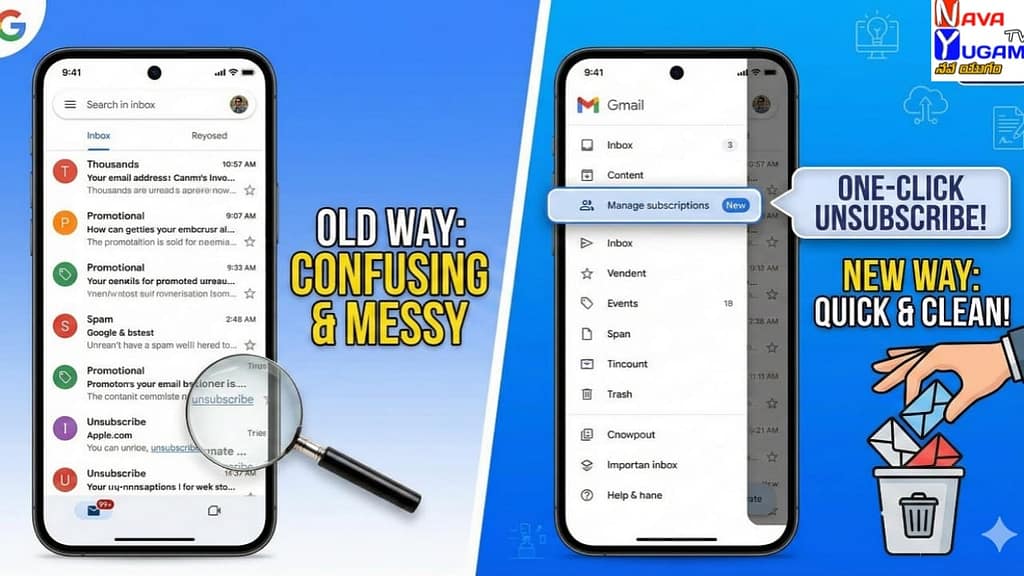 మీ Gmail ఇన్ బాక్స్ నిండా చెత్త మెయిల్స్ ఉన్నాయా? గూగుల్ తెచ్చిన ఈ కొత్త ఫీచర్ తో ఒక్క క్లిక్ తో చెక్ పెట్టేయండి! 1 Gmail Android App Sidebar Menu showing new Manage Subscriptions option to unsubscribe emails